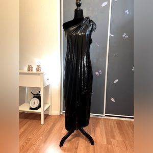 🥈 Unique Vintage Metallic One Shoulder Lucretia Dress 2XL Black Shine Wrap NWT